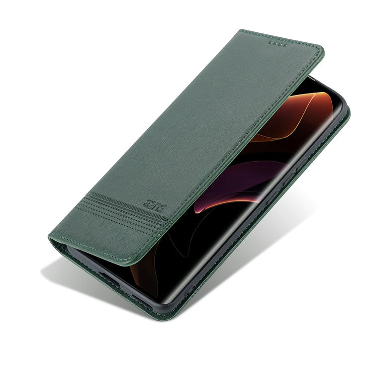 AZNS Fall Prevention PU Leather Wallet Flip Case Magnetic Absorption Folding Stand Protective Cover for Honor 60 - Green
