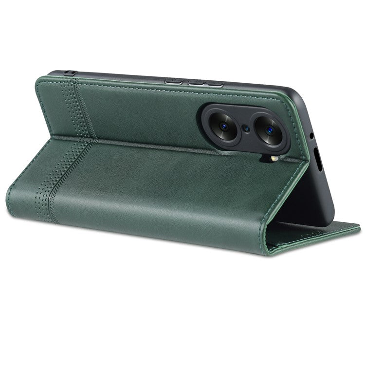 AZNS Fall Prevention PU Leather Wallet Flip Case Magnetic Absorption Folding Stand Protective Cover for Honor 60 - Green