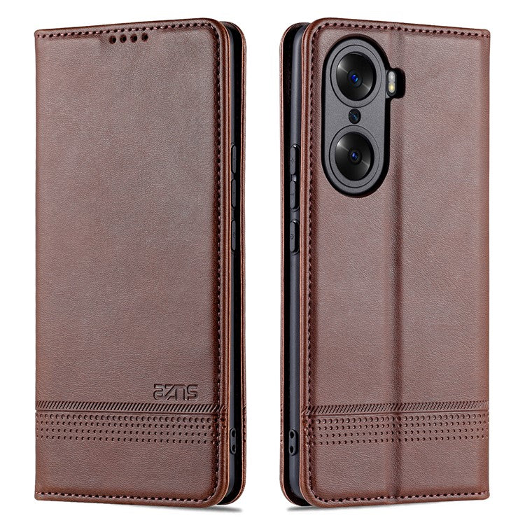 AZNS Fall Prevention PU Leather Wallet Flip Case Magnetic Absorption Folding Stand Protective Cover for Honor 60 - Coffee