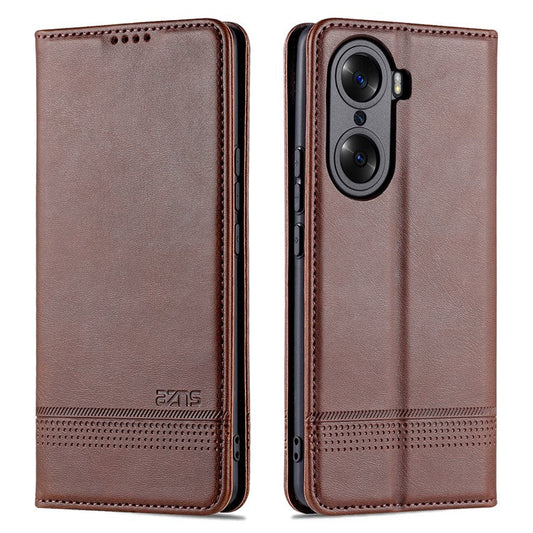 AZNS Fall Prevention PU Leather Wallet Flip Case Magnetic Absorption Folding Stand Protective Cover for Honor 60 - Coffee