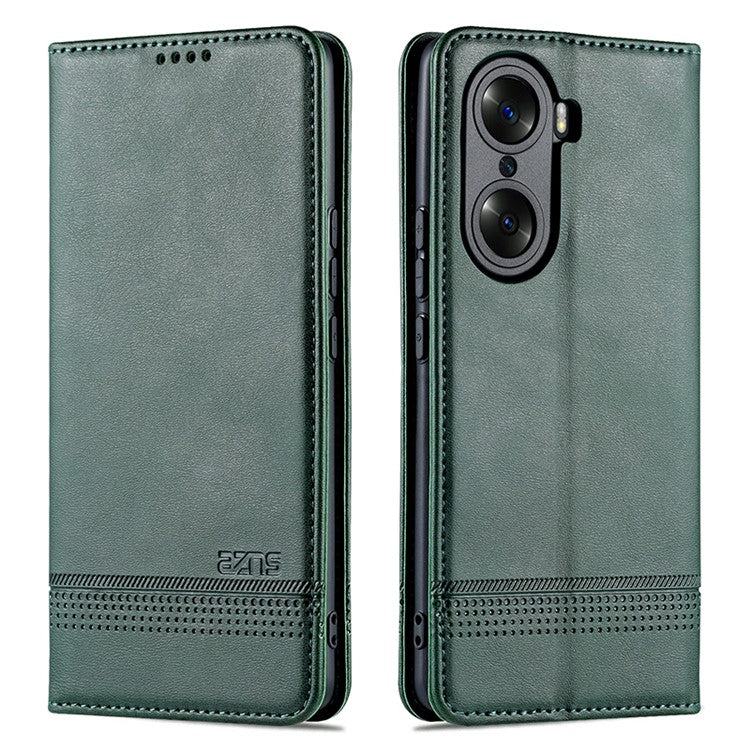 AZNS PU Leather + TPU Wallet Flip Case Magnetic Absorption Folding Stand Protective Cover for Honor 60 Pro - Green