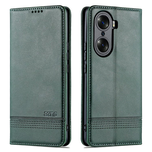 AZNS PU Leather + TPU Wallet Flip Case Magnetic Absorption Folding Stand Protective Cover for Honor 60 Pro - Green