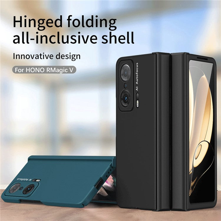 For Honor Magic V Hinge Design All-round Coverage Hard PC Folding Phone Case Cover with Glass Screen Protector - Black