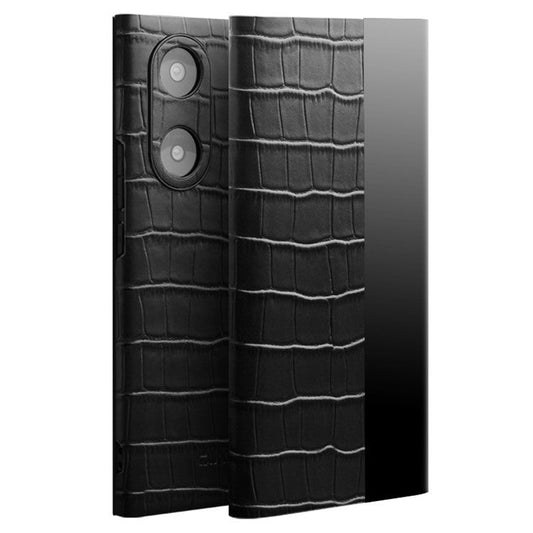 QIALINO For Honor 50 Pro/Huawei nova 9 Pro Crocodile Texture Phone Case Top Layer Cowhide Leather Cover with View Window - Black