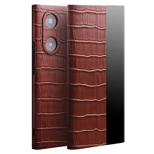 QIALINO Top Layer Cowhide Leather Phone Case for Honor 50/Huawei nova 9, Crocodile Texture View Window Protective Cover - Brown