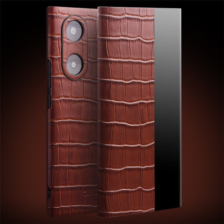 QIALINO Top Layer Cowhide Leather Phone Case for Honor 50/Huawei nova 9, Crocodile Texture View Window Protective Cover - Brown