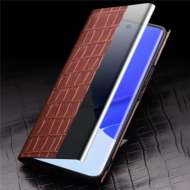 QIALINO Top Layer Cowhide Leather Phone Case for Honor 50/Huawei nova 9, Crocodile Texture View Window Protective Cover - Brown