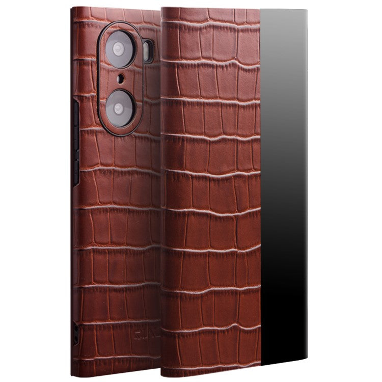 QIALINO Transparent View Window Cowhide Leather Case for Honor 60 Pro, Crocodile Texture Phone Cover - Brown