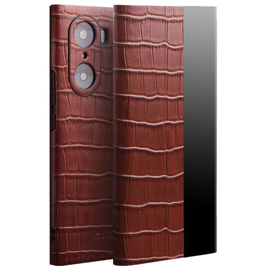 QIALINO Transparent View Window Cowhide Leather Case for Honor 60 Pro, Crocodile Texture Phone Cover - Brown