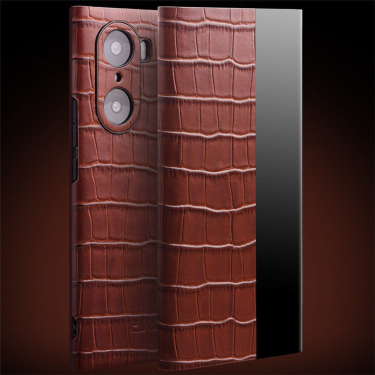 QIALINO Transparent View Window Cowhide Leather Case for Honor 60 Pro, Crocodile Texture Phone Cover - Brown