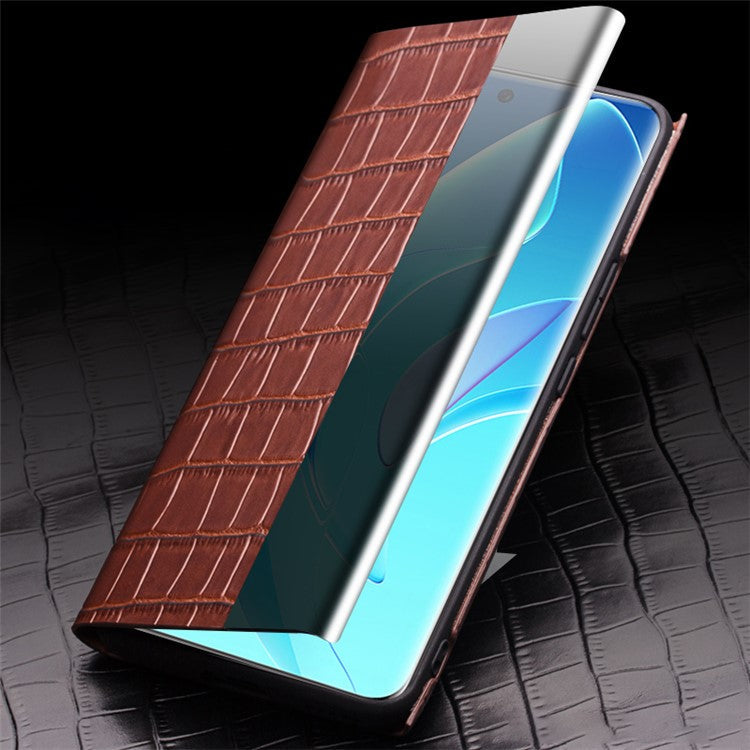 QIALINO Transparent View Window Cowhide Leather Case for Honor 60 Pro, Crocodile Texture Phone Cover - Brown
