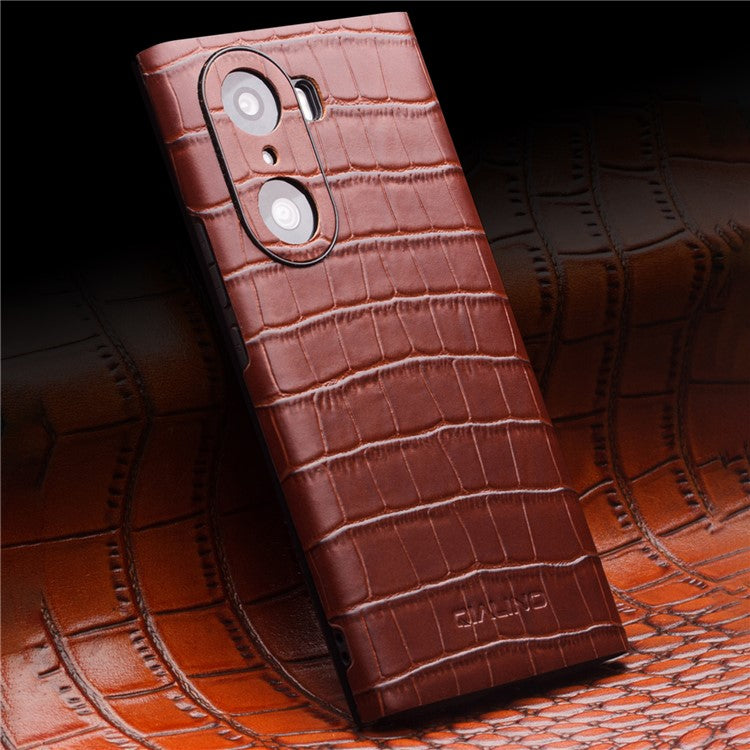 QIALINO Transparent View Window Cowhide Leather Case for Honor 60 Pro, Crocodile Texture Phone Cover - Brown