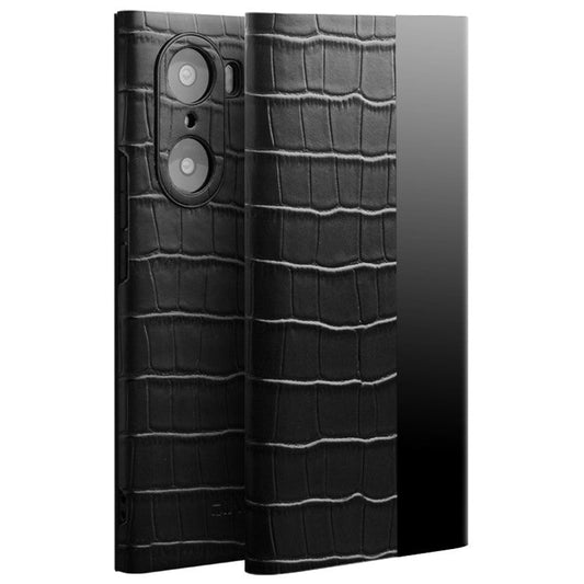 QIALINO Transparent View Window Cowhide Leather Case for Honor 60 Pro, Crocodile Texture Phone Cover - Black