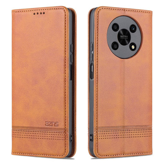 AZNS For Honor X30 / X9 5G / Magic 4 Lite 5G Magnetic Auto-absorbed Textured PU Leather Wallet Stand Protective Phone Case Cover - Brown