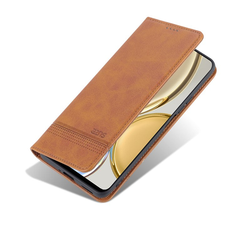 AZNS For Honor X30 / X9 5G / Magic 4 Lite 5G Magnetic Auto-absorbed Textured PU Leather Wallet Stand Protective Phone Case Cover - Brown