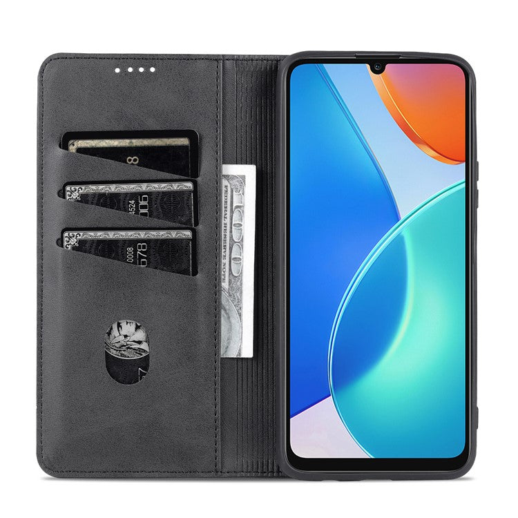 AZNS For Honor Play 30 Plus Textured Leather Phone Case Magnetic Auto-absorbed Cover with Wallet Stand - Black