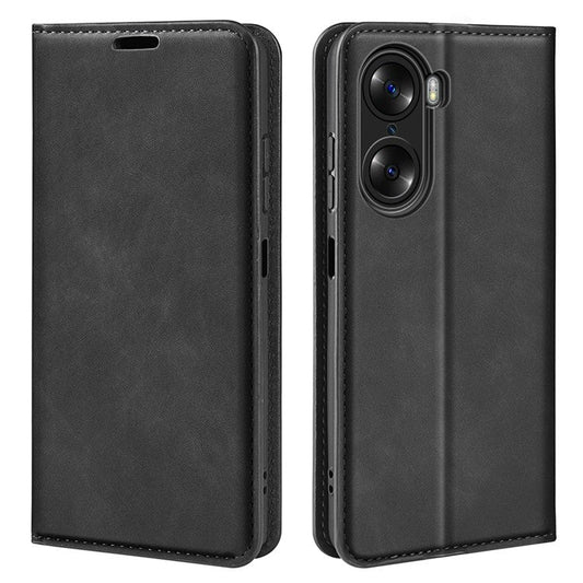 For Honor 60 Skin-touch Feeling PU Leather Flip Wallet Cover Stand Magnetic Adsorption Shockproof Folio Book Case - Black