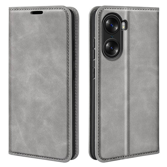 For Honor 60 Skin-touch Feeling PU Leather Flip Wallet Cover Stand Magnetic Adsorption Shockproof Folio Book Case - Grey