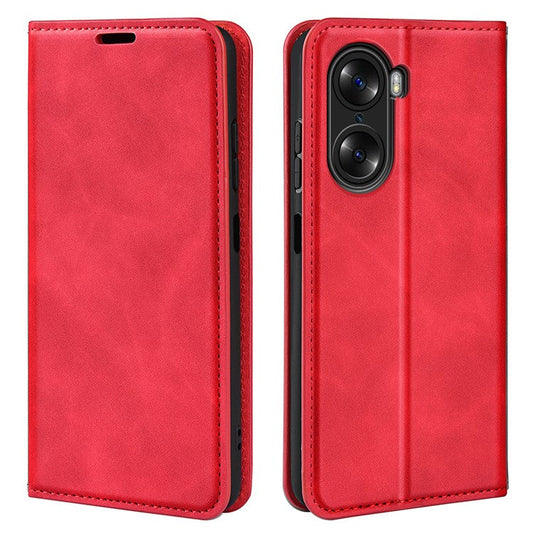 For Honor 60 Skin-touch Feeling PU Leather Flip Wallet Cover Stand Magnetic Adsorption Shockproof Folio Book Case - Red