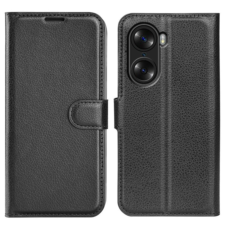 PU Leather Case for Honor 60, Litchi Texture Folding Stand Wallet Flip Cover with Magnetic Clasp - Black