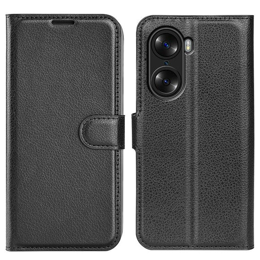 PU Leather Case for Honor 60, Litchi Texture Folding Stand Wallet Flip Cover with Magnetic Clasp - Black