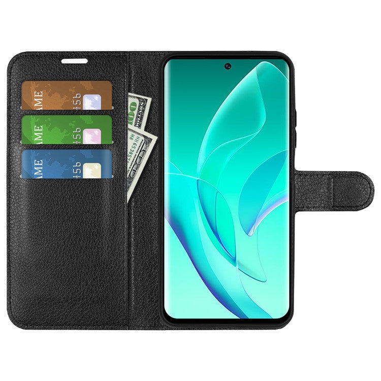 PU Leather Case for Honor 60, Litchi Texture Folding Stand Wallet Flip Cover with Magnetic Clasp - Black