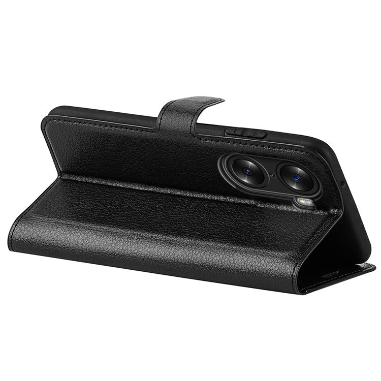 PU Leather Case for Honor 60, Litchi Texture Folding Stand Wallet Flip Cover with Magnetic Clasp - Black