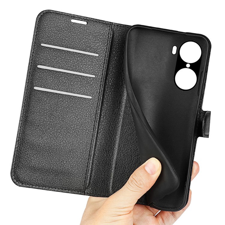PU Leather Case for Honor 60, Litchi Texture Folding Stand Wallet Flip Cover with Magnetic Clasp - Black
