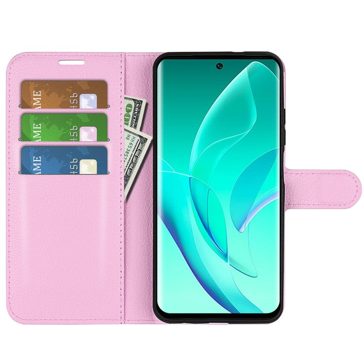 PU Leather Case for Honor 60, Litchi Texture Folding Stand Wallet Flip Cover with Magnetic Clasp - Pink