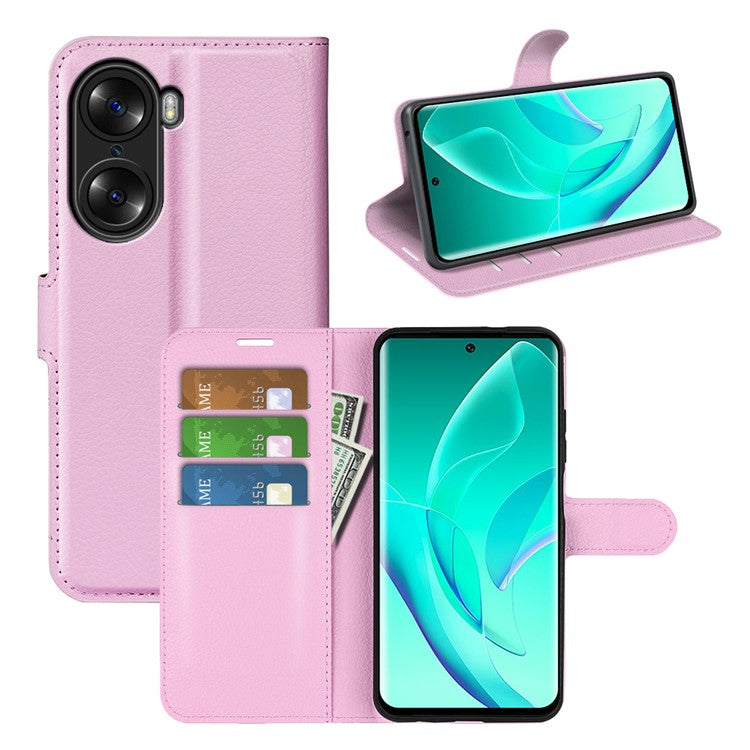PU Leather Case for Honor 60, Litchi Texture Folding Stand Wallet Flip Cover with Magnetic Clasp - Pink