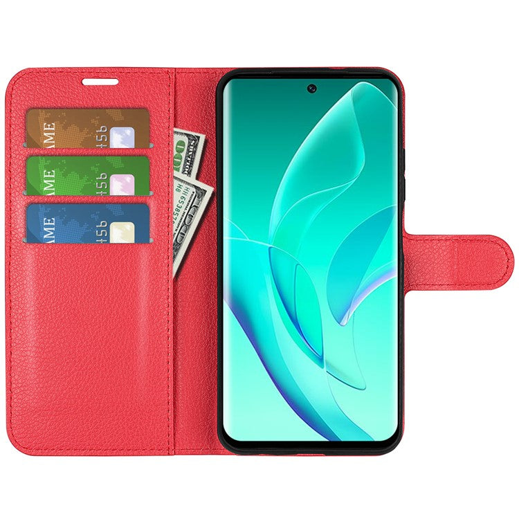 PU Leather Case for Honor 60, Litchi Texture Folding Stand Wallet Flip Cover with Magnetic Clasp - Red