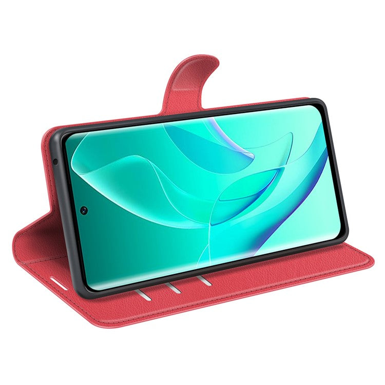 PU Leather Case for Honor 60, Litchi Texture Folding Stand Wallet Flip Cover with Magnetic Clasp - Red
