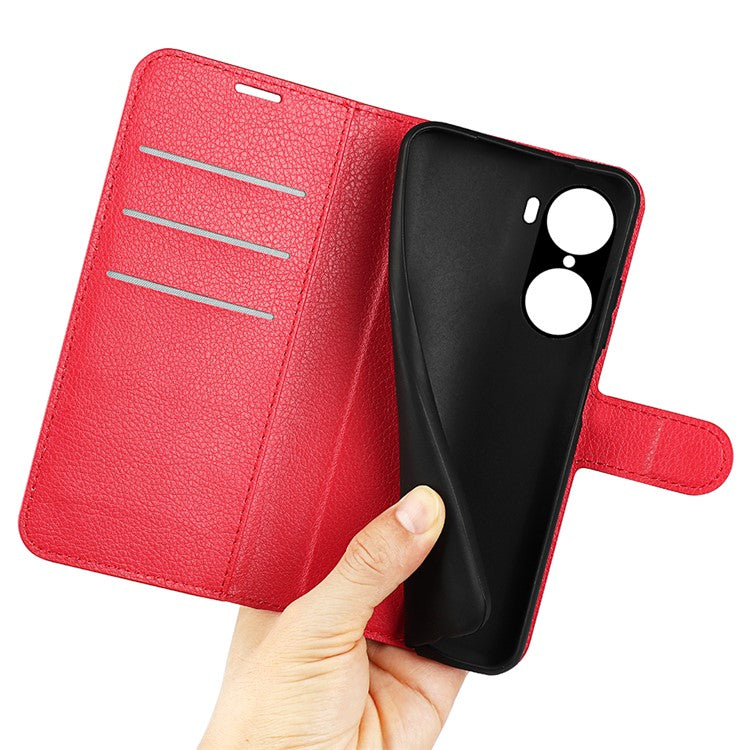 PU Leather Case for Honor 60, Litchi Texture Folding Stand Wallet Flip Cover with Magnetic Clasp - Red