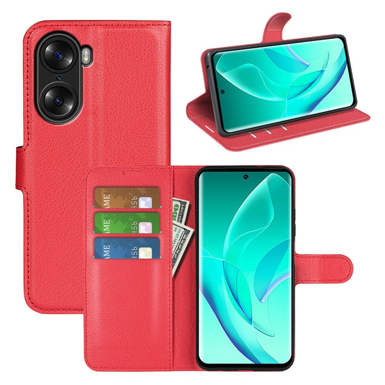 PU Leather Case for Honor 60, Litchi Texture Folding Stand Wallet Flip Cover with Magnetic Clasp - Red