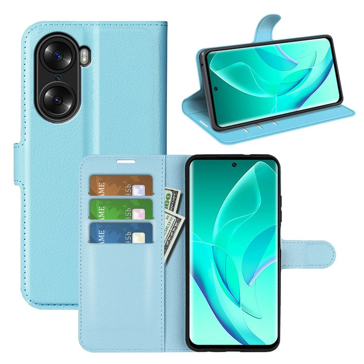 PU Leather Case for Honor 60, Litchi Texture Folding Stand Wallet Flip Cover with Magnetic Clasp - Blue
