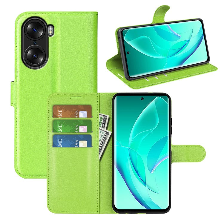 PU Leather Case for Honor 60, Litchi Texture Folding Stand Wallet Flip Cover with Magnetic Clasp - Green