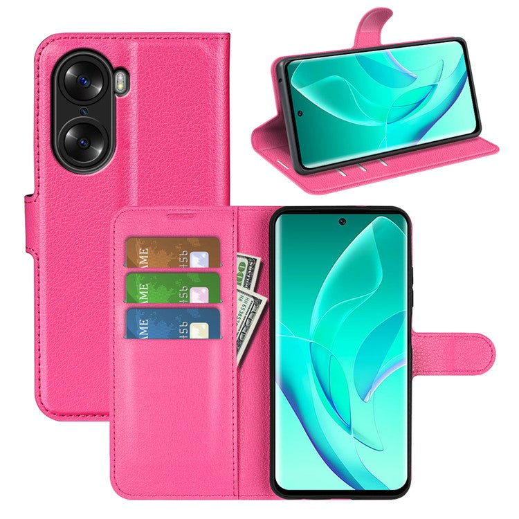 PU Leather Case for Honor 60, Litchi Texture Folding Stand Wallet Flip Cover with Magnetic Clasp - Rose