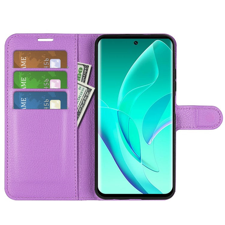 PU Leather Case for Honor 60, Litchi Texture Folding Stand Wallet Flip Cover with Magnetic Clasp - Purple