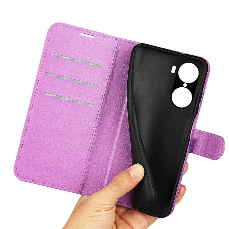 PU Leather Case for Honor 60, Litchi Texture Folding Stand Wallet Flip Cover with Magnetic Clasp - Purple