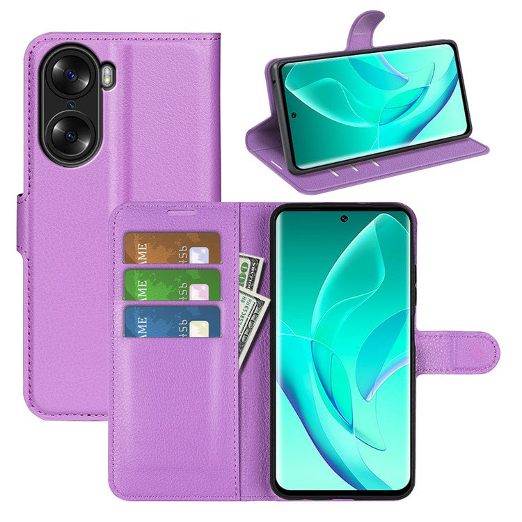 PU Leather Case for Honor 60, Litchi Texture Folding Stand Wallet Flip Cover with Magnetic Clasp - Purple