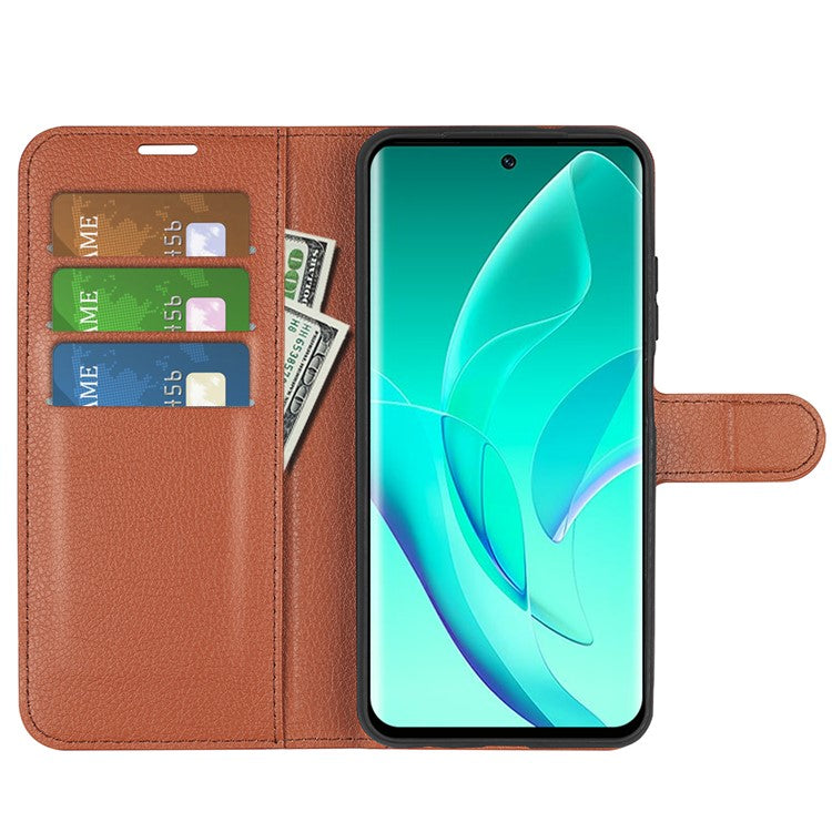 PU Leather Case for Honor 60, Litchi Texture Folding Stand Wallet Flip Cover with Magnetic Clasp - Brown