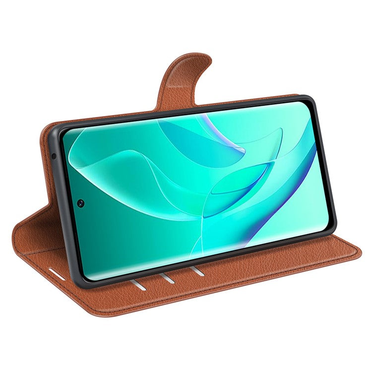 PU Leather Case for Honor 60, Litchi Texture Folding Stand Wallet Flip Cover with Magnetic Clasp - Brown