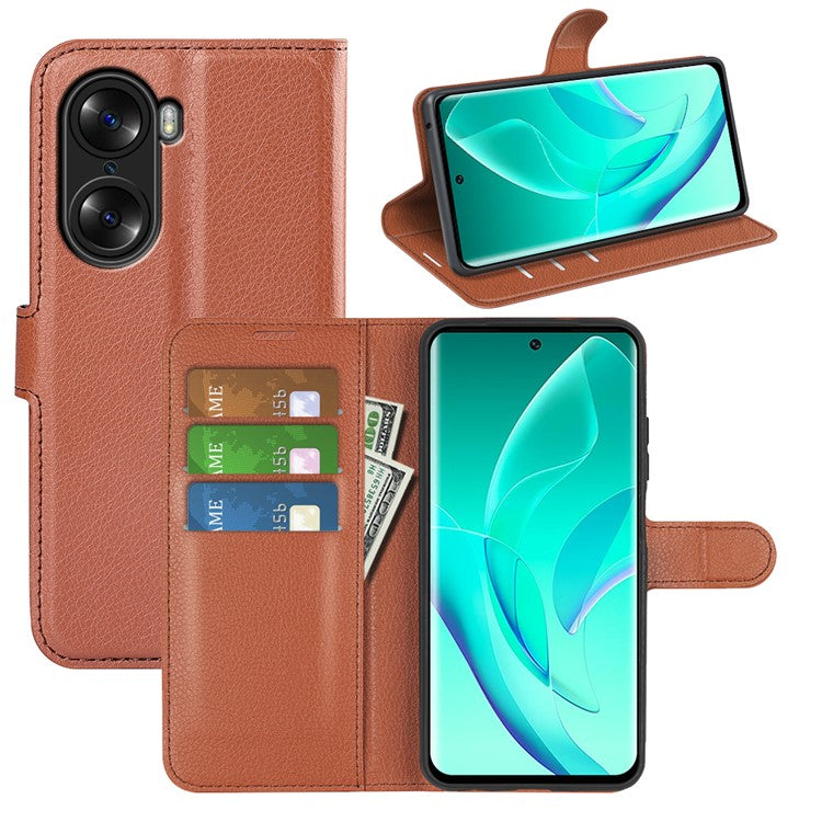 PU Leather Case for Honor 60, Litchi Texture Folding Stand Wallet Flip Cover with Magnetic Clasp - Brown