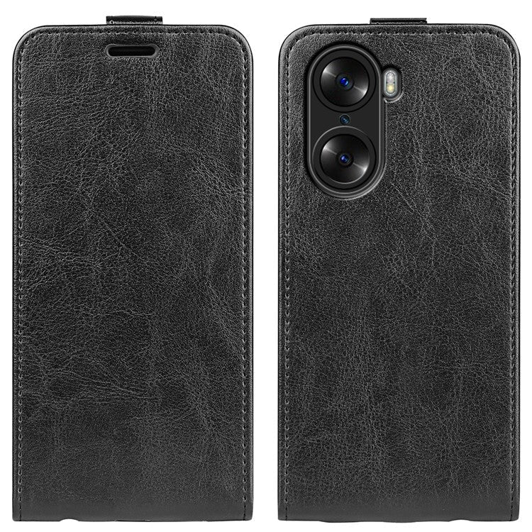 Vertical Flip Folio Phone Case for Honor 60, Crazy Horse Texture PU Leather Protective Cover Shell with Card Holder - Black