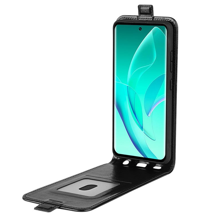 Vertical Flip Folio Phone Case for Honor 60, Crazy Horse Texture PU Leather Protective Cover Shell with Card Holder - Black