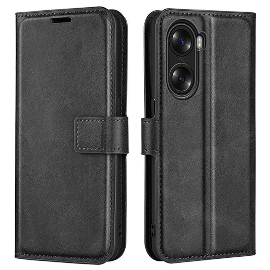 For Honor 60 Textured PU Leather TPU Interior Protective Case Stand Folio Flip Wallet Phone Cover - Black