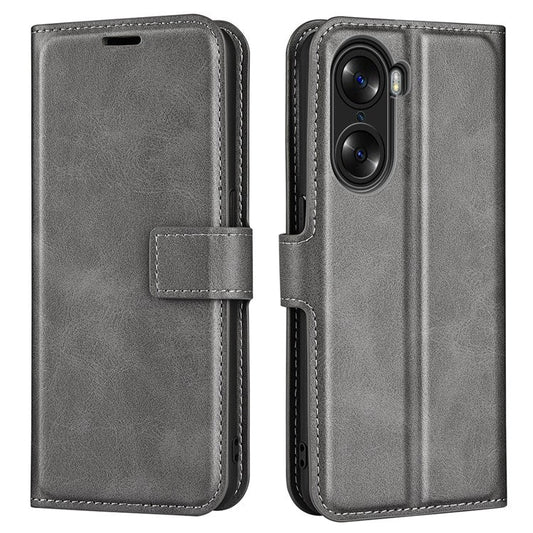 For Honor 60 Textured PU Leather TPU Interior Protective Case Stand Folio Flip Wallet Phone Cover - Grey
