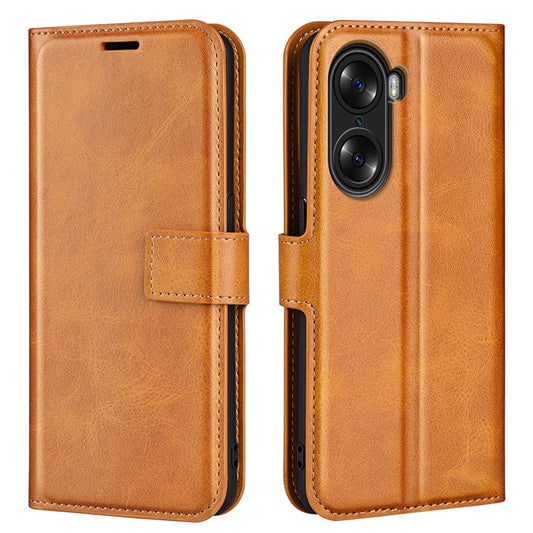 For Honor 60 Textured PU Leather TPU Interior Protective Case Stand Folio Flip Wallet Phone Cover - Yellow