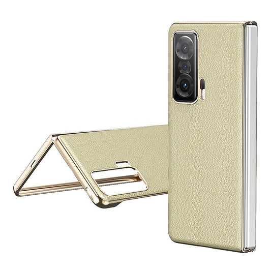 For Honor Magic V Electroplating Frame PU Leather Coated PC Cover Folding Phone Case - Gold