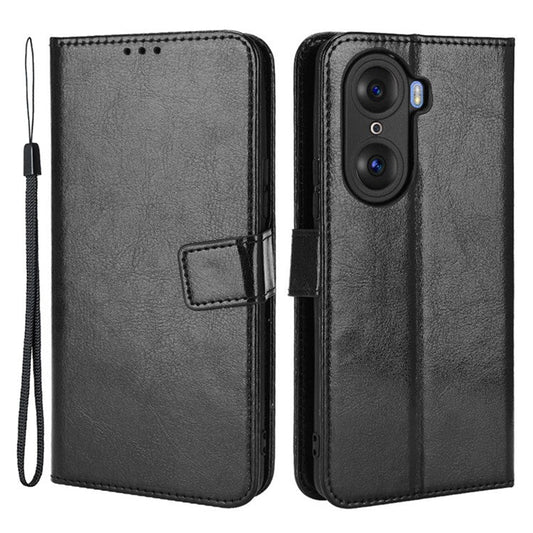 For Honor 60 Shockproof Crazy Horse Leather Phone Shell Wallet Stand Function Protector with Handy Strap - Black
